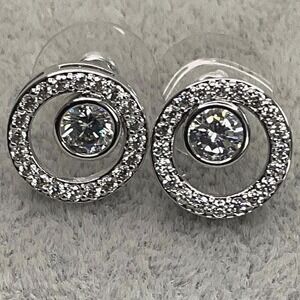 Round Silver Crystal Halo Stud Earrings With Clear Center Stone